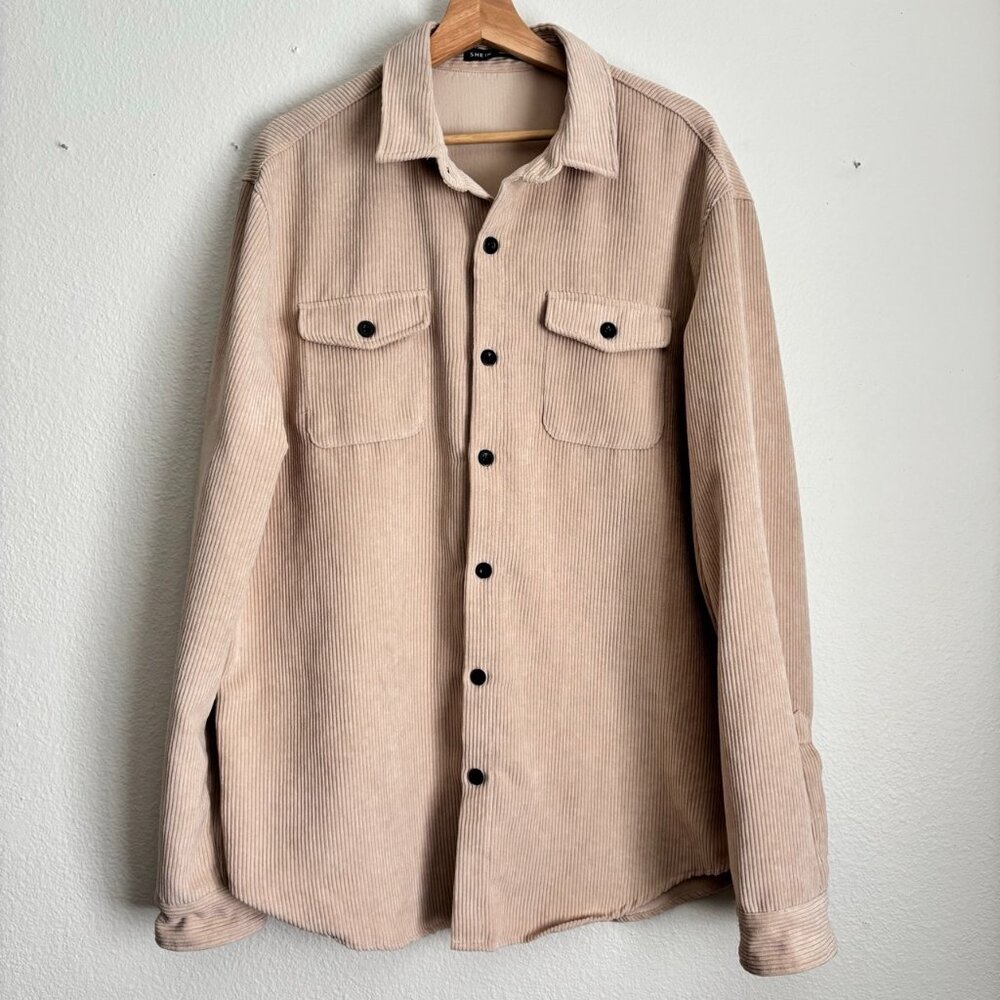 SHEIN Men’s Beige Corduroy Button-Up Shirt – XL – Casual Overshirt